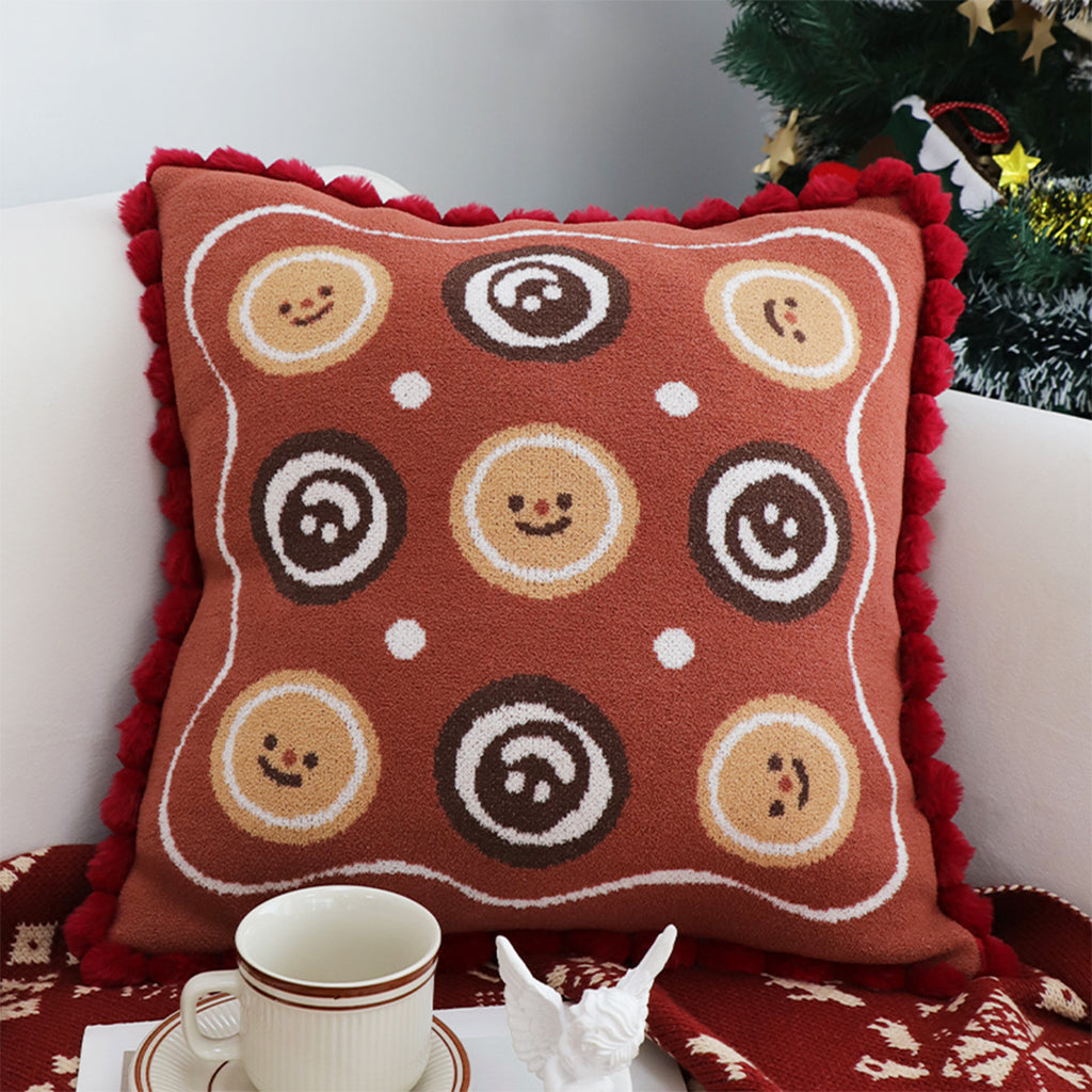SOGA 45cm Gingerbread Cookie Smiley Face Square Pillowcase with Red Pom-Pom Trim