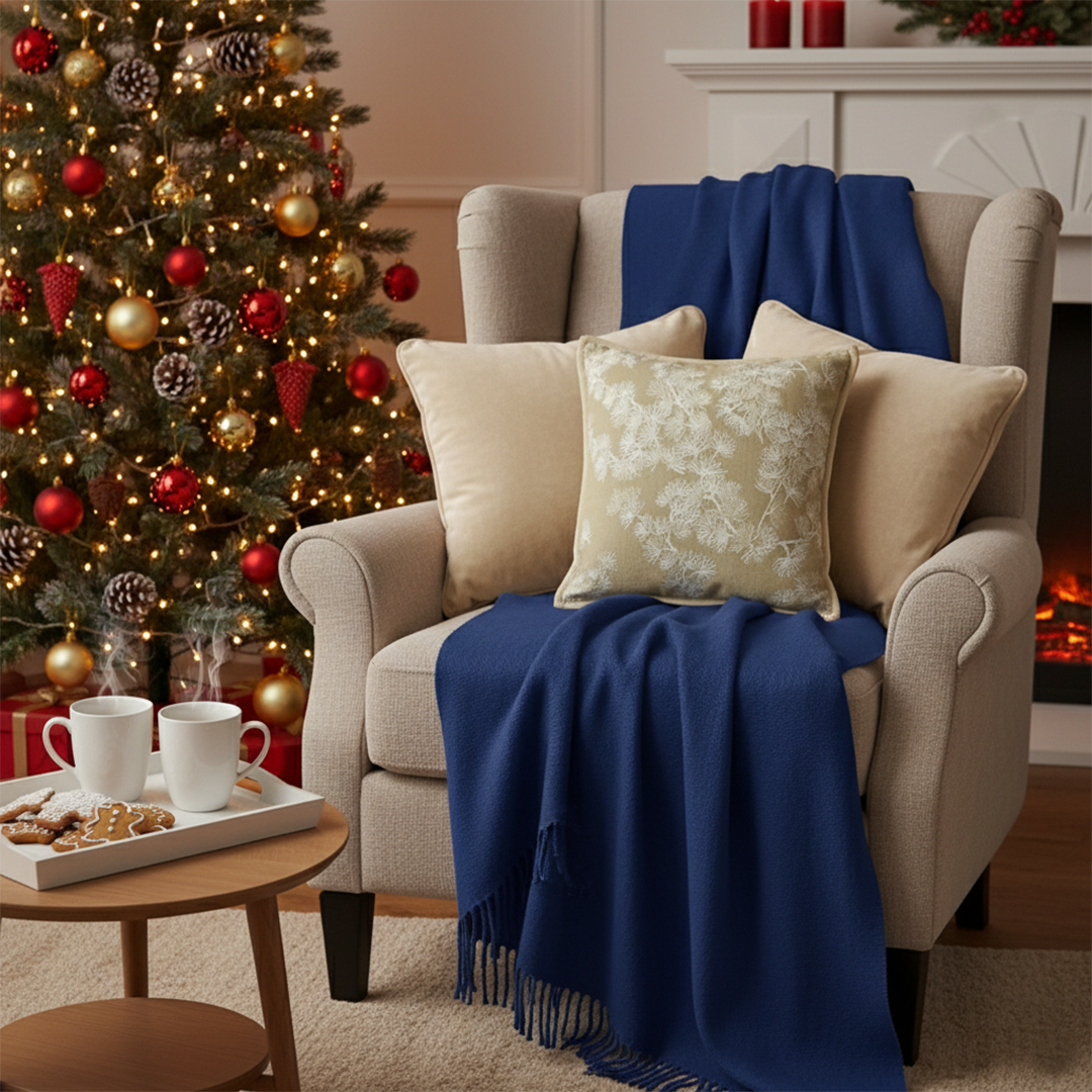 SOGA 5PC Set – Royal Blue Knitted Throw with Fringes + Champagne Velvet & Floral Pillowcases – Cozy Elegant Decor