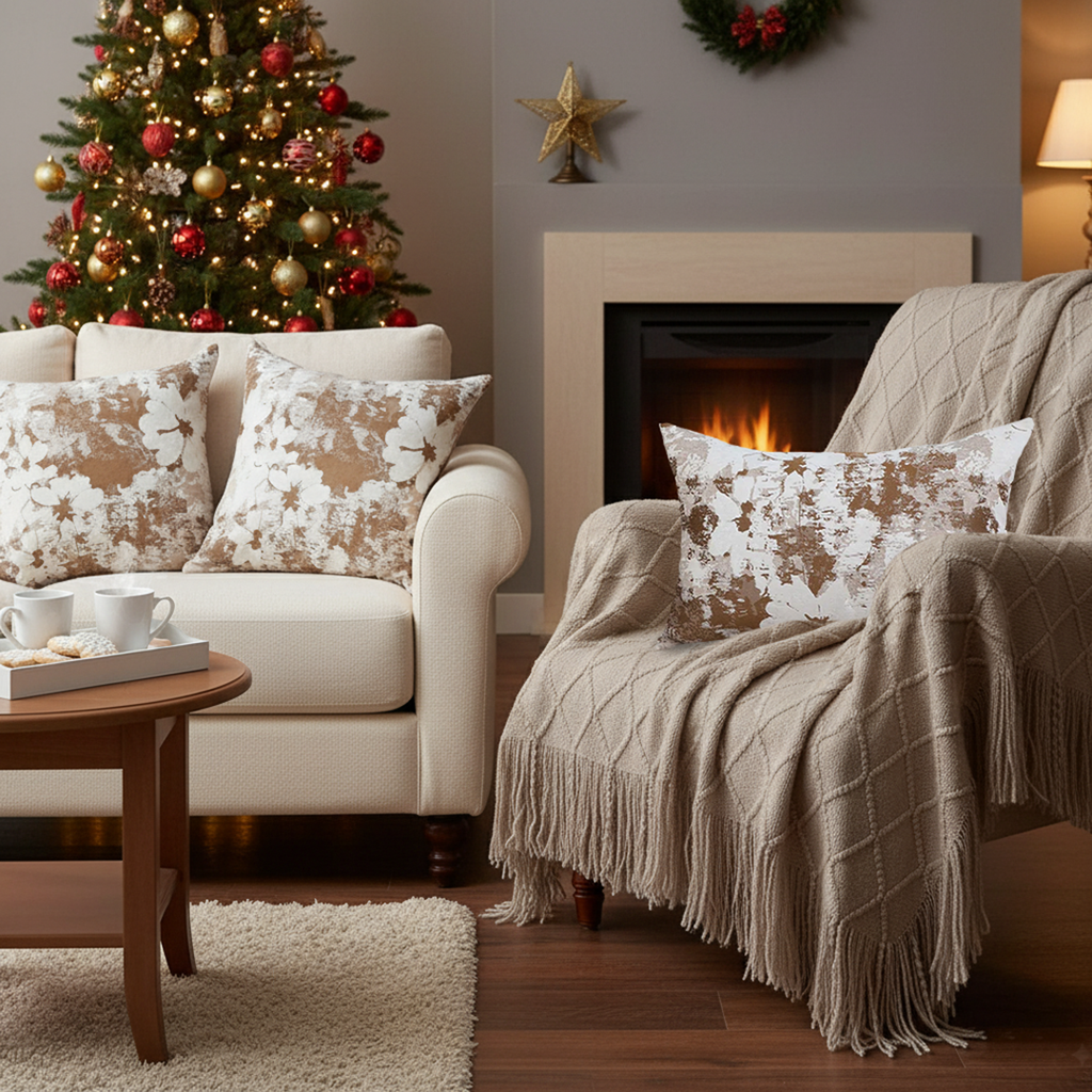SOGA 4PC Set – Coffee Diamond Knitted Throw with Tassel + Rustic Bloom Pillowcases – Cozy Elegant Decor