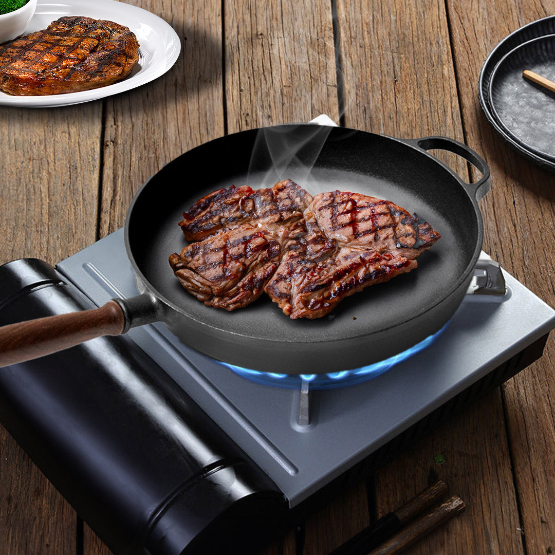 SOGA 2X 29cm Round Cast Iron Frying Pan Skillet Steak Sizzle Platter with Helper Handle