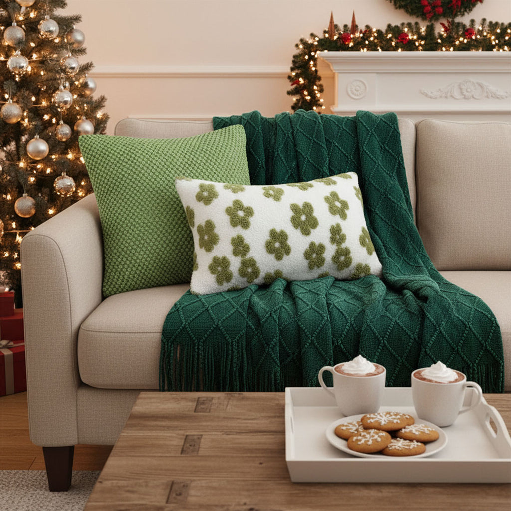 SOGA 3PC Cozy Home Set – Green Diamond Knit Throw Blanket with Decorative Pillow Covers (Weave & Bloom Design)