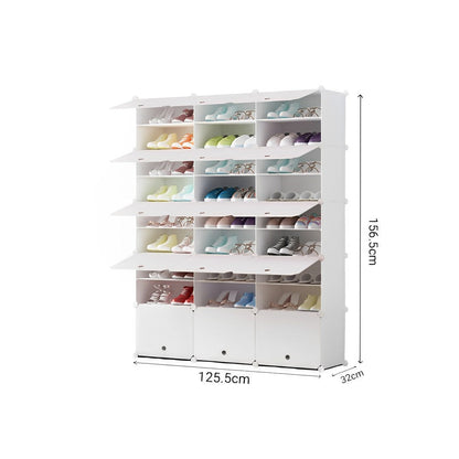 SOGA 9 Tier 3 Column White Shoe Rack Organizer Sneaker Footwear Storage Stackable Stand Cabinet Portable Wardrobe with Cover