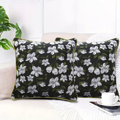 SOGA 45cm Black Floral Pillow Cover with Green Trim