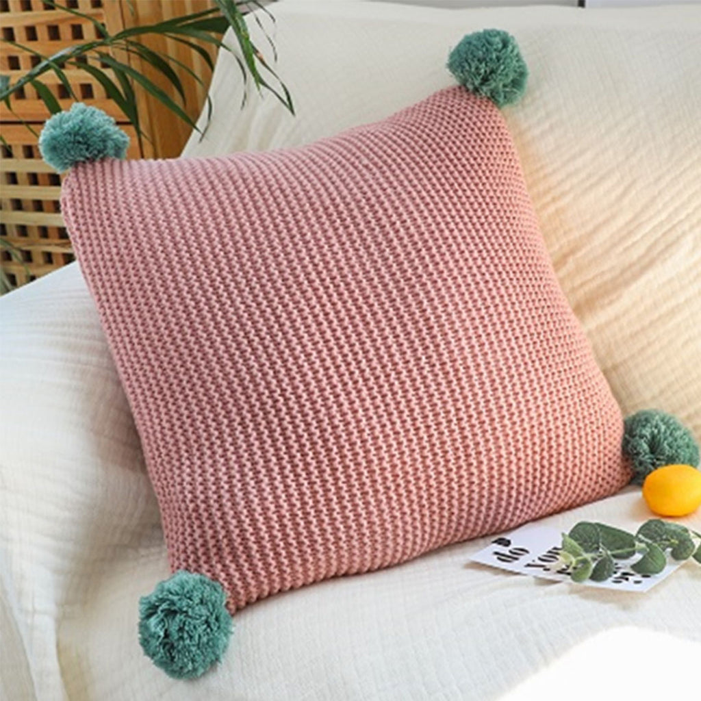 SOGA 45cm Ribbed Knit Pillowcase with Pom-Poms (Dusty Rose)