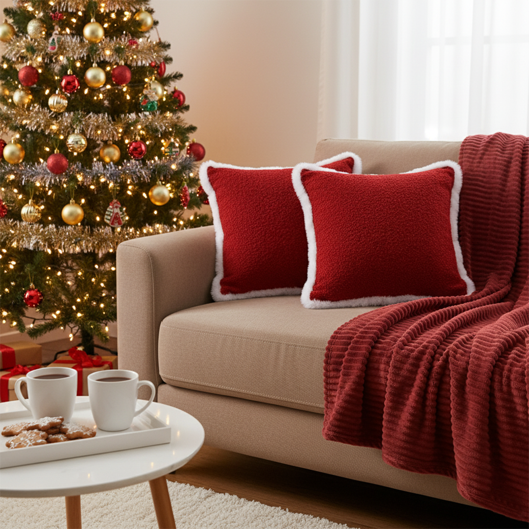 SOGA 3PC Cozy Set – Striped Flannel Throw Blanket with 2 Plush Crimson Red Pillow Covers