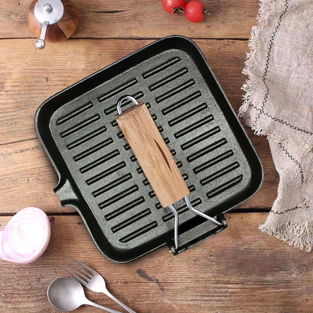 SOGA 2X 28cm Ribbed Cast Iron Square Steak Frying Grill Skillet Pan with Folding Wooden Handle