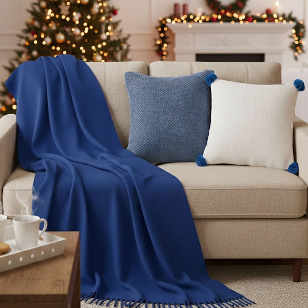 SOGA 3PC Cozy Set – Royal Blue Knit Throw Blanket with Decorative Pillow Covers (Textured Navy & Cream Ribbed Pom-Pom Design)