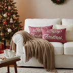 SOGA 4PC Christmas Set – Coffee Knitted Throw with Fringes + Script & Cream Pillowcases – Cozy Festive Decor