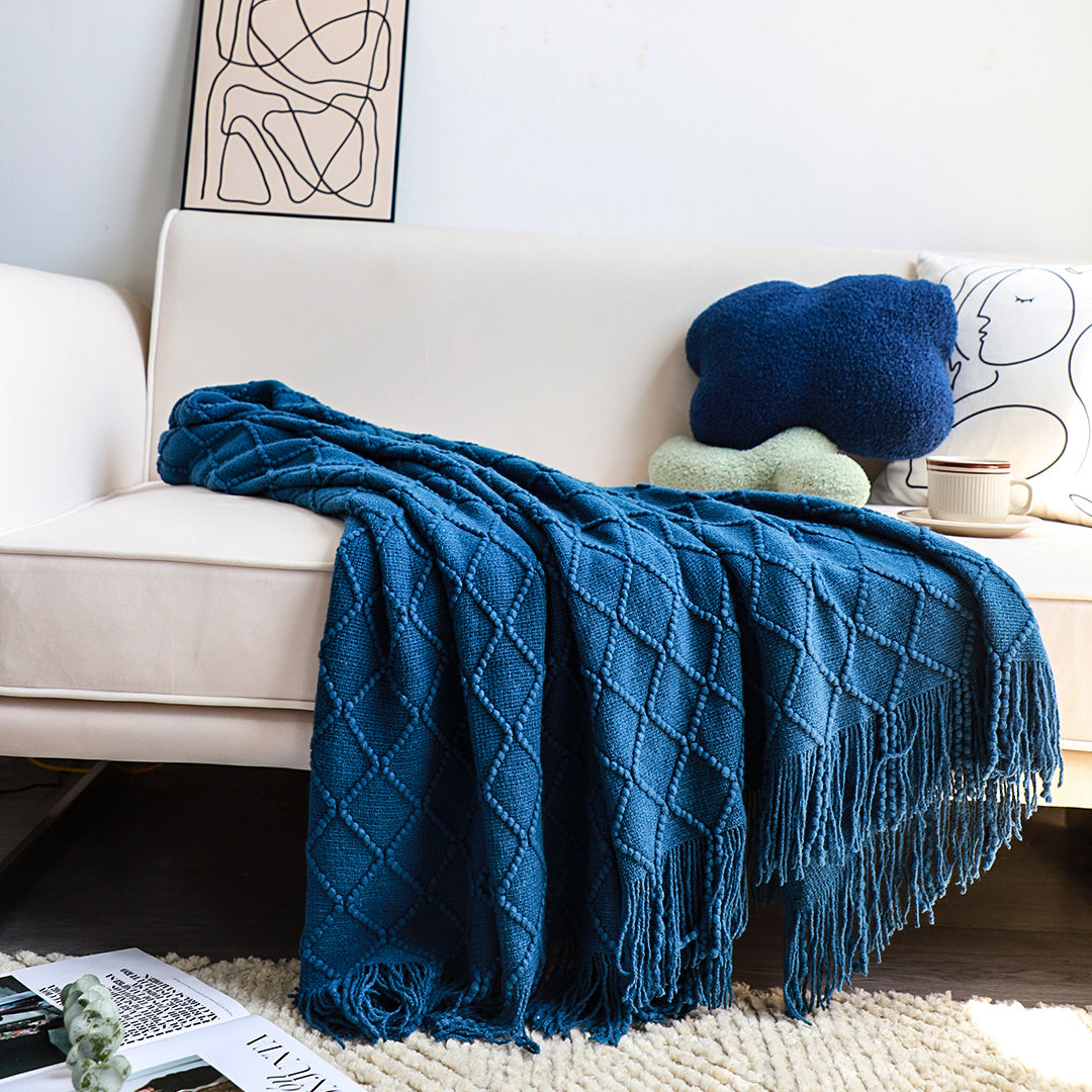 SOGA 2X Diamond Pattern Knitted Throw Blanket – Warm Cozy Woven Cover with Tassels for Couch, Bed, Sofa, Home Decor, Royal Blue