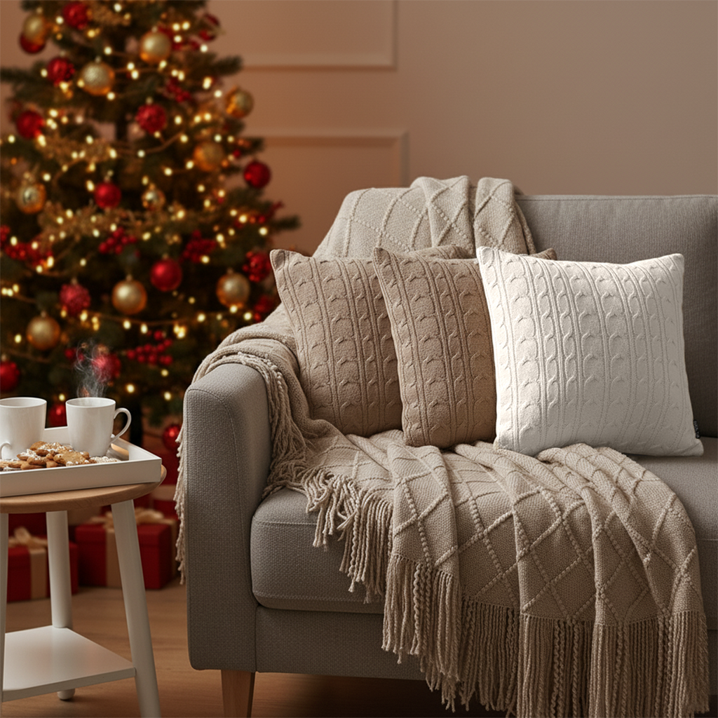 SOGA 4PC Set – Coffee Diamond Knitted Throw with Tassels + Dusty Rose & Cream Cable Knit Pillowcases – Cozy Decor
