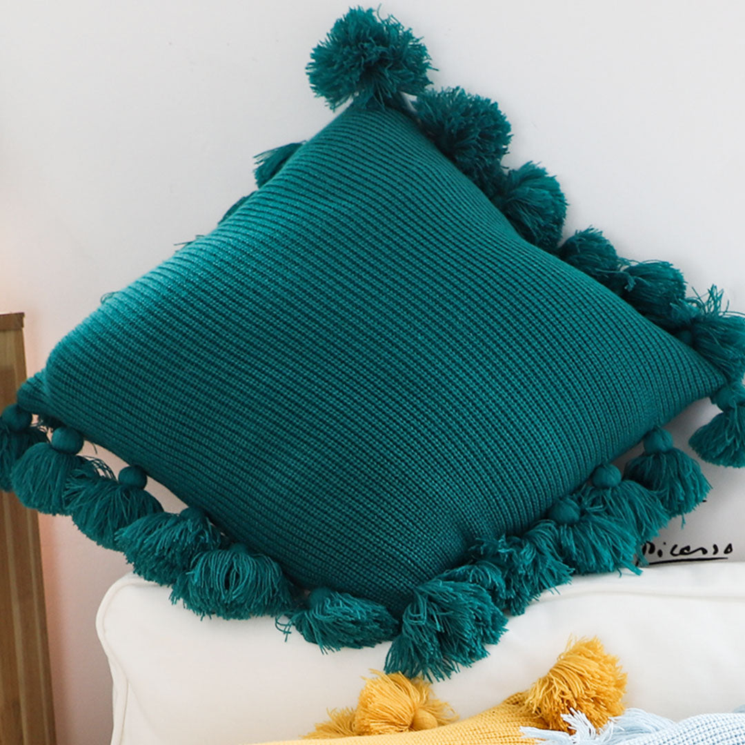 SOGA 45cm Textured Pillowcase with Pom-Pom Trim (Emerald Green)