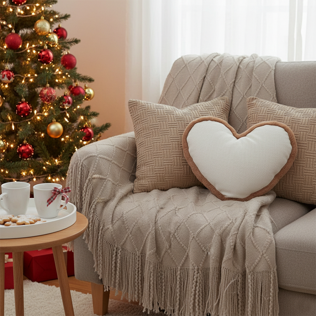 SOGA 4PC Set – Coffee Diamond Knitted Throw with Tassels + Taupe Grid Pillowcases & Heart Plush Pillow – Cozy Neutral Decor