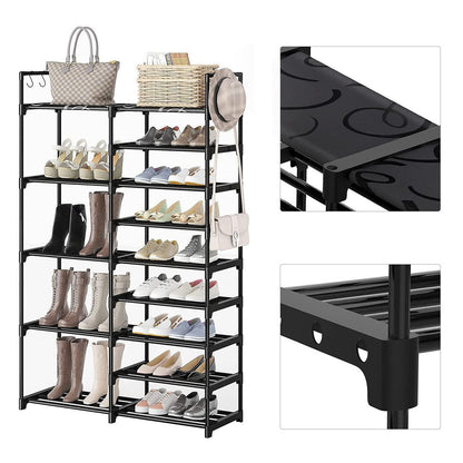 SOGA 16-Shelf Tier Shoe Storage Shelf Space-Saving Caddy Rack Organiser with Side Hooks Black