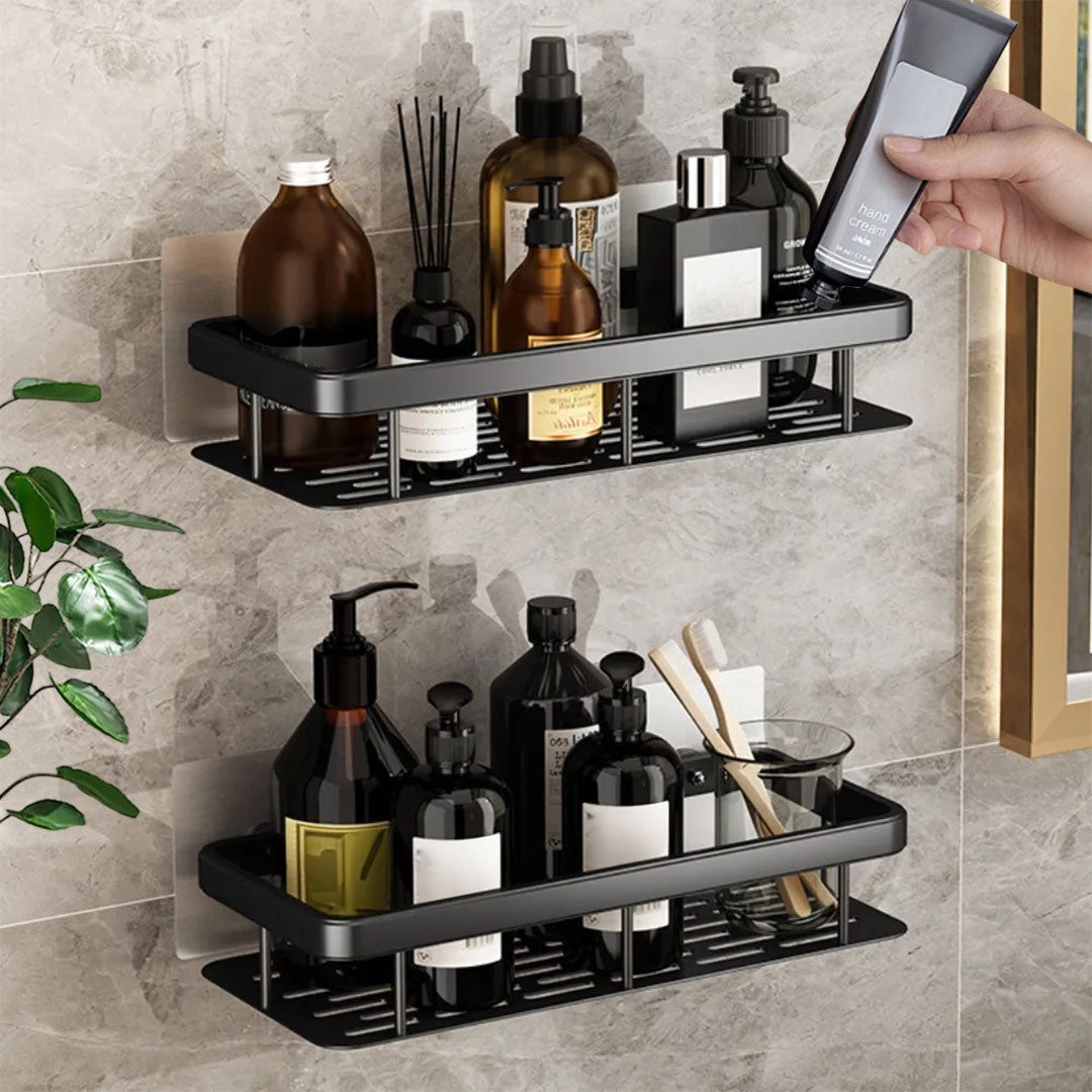 SOGA 2X Black Wall-Mounted Rectangular Bathroom Storage Organiser Space Saving Adhesive Shelf Rack