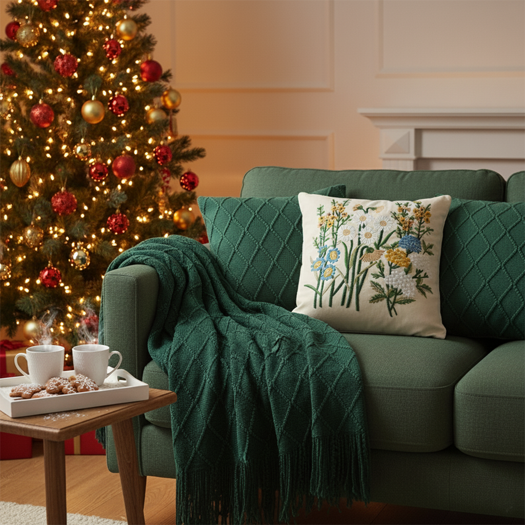 SOGA 4PC Cozy Green Set – Diamond Knit Throw Blanket with Forest Green & Botanical Garden Pillow Covers