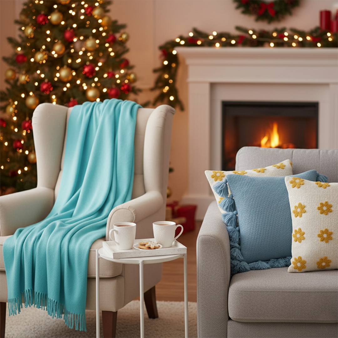 SOGA 4PC Set – Teal Knitted Throw Blanket + Sky Blue & Daisy Pillowcases – Cozy Home Decor