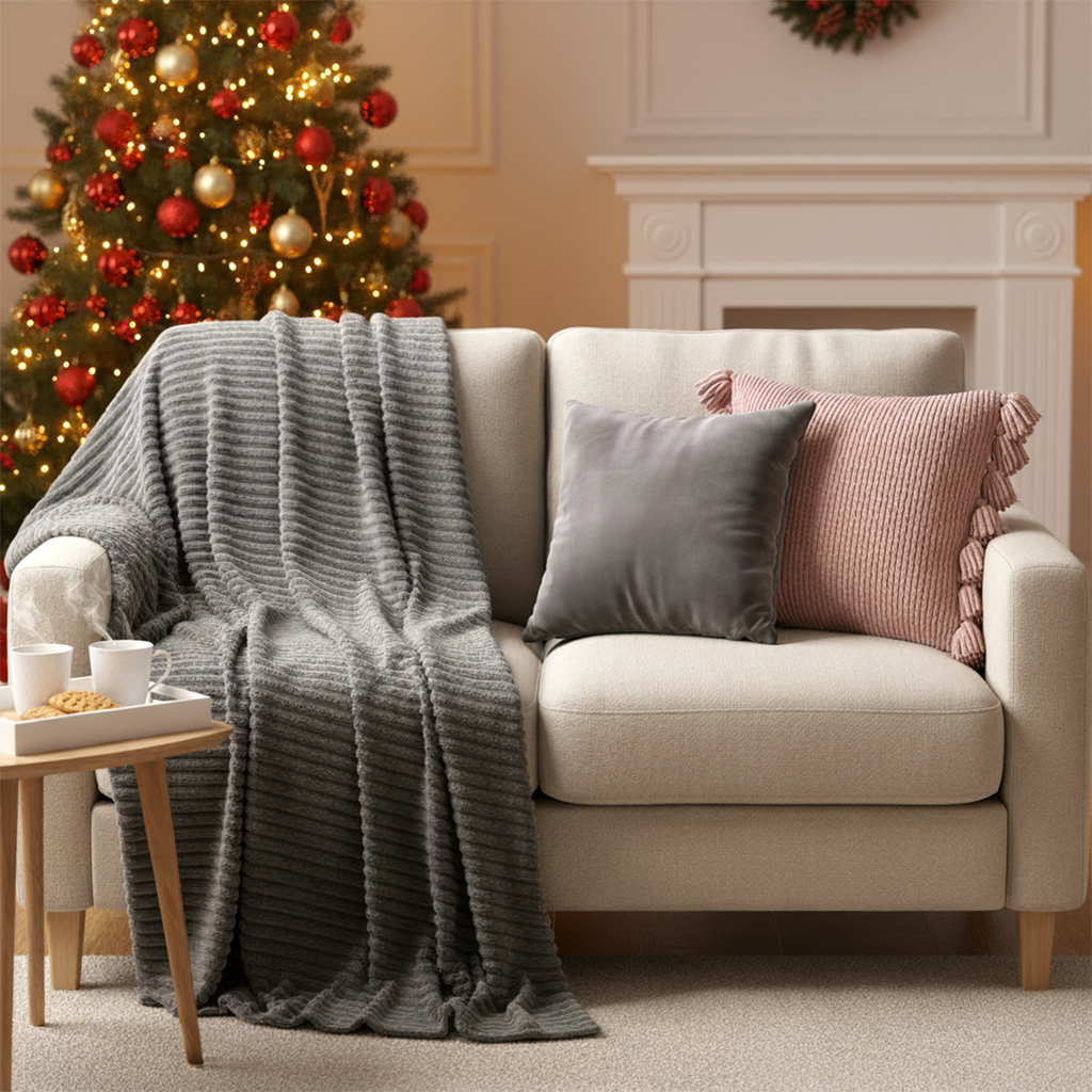 SOGA 3PC Cozy Set – Gray Striped Flannel Throw Blanket with Pillow Covers (Velvet Dove Gray + Soft Pink Pom-Pom Design)