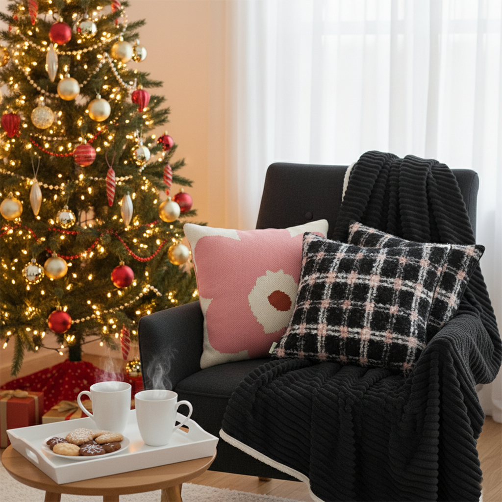 SOGA 4PC Set – Flannel Throw Blanket + Blush Bloom & Plaid Pillowcases – Warm Cozy Decor