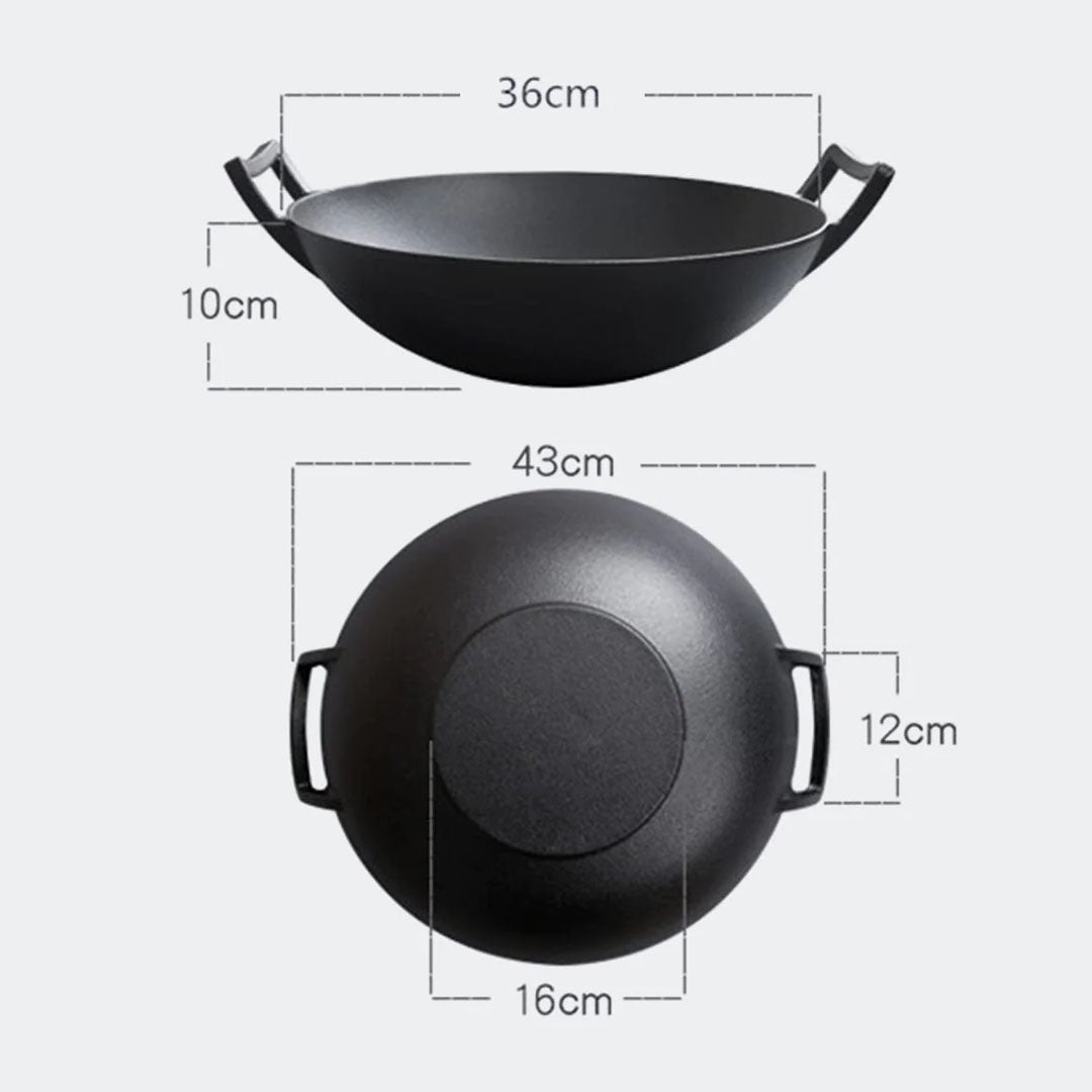 SOGA 2X 36CM Commercial Cast Iron Wok FryPan with Wooden Lid Fry Pan