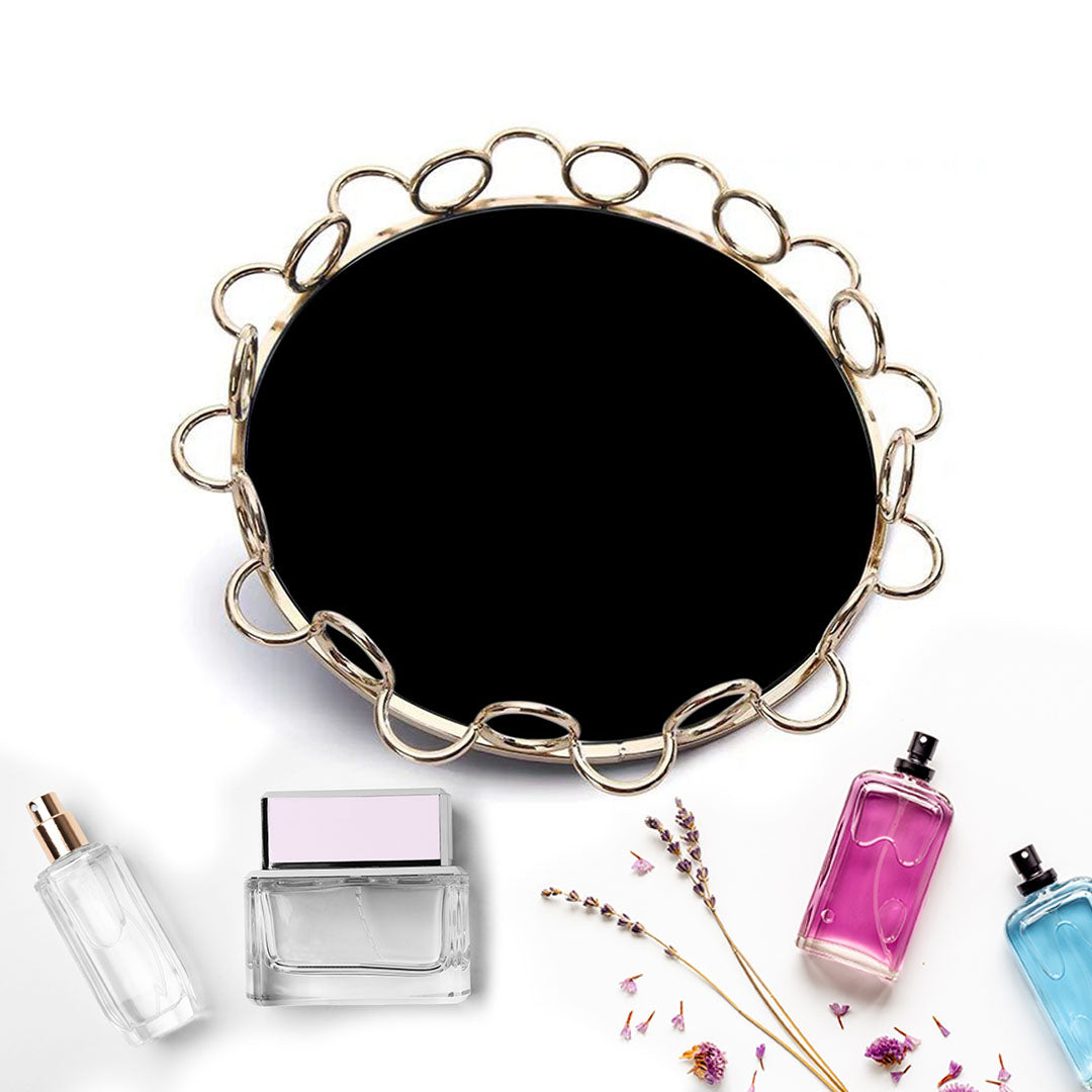 SOGA 38cm Black-Colored Round Mirror Glass Metal Tray Vanity Makeup Perfume Jewelry Organiser with Bronze Metal Frame Handles