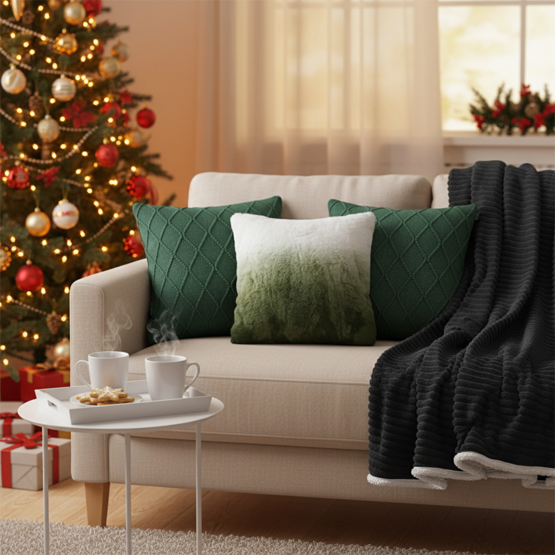 SOGA 4PC Set – Flannel Throw Blanket + Ombre Faux Fur & Forest Green Knit Pillowcases – Cozy Decor