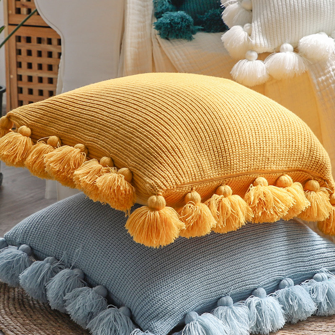 SOGA 45cm Textured Pillowcase with Pom-Pom Trim (Sunny Yellow)