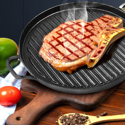 SOGA 30cm Ribbed Cast Iron Frying Pan Skillet Steak Sizzle Platter