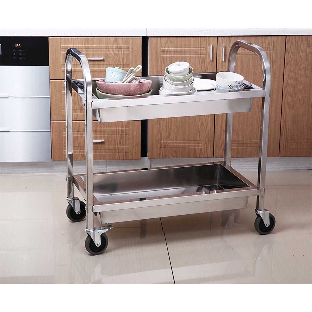 SOGA 2X 2 Tier 75×40×83cm Stainless Steel Kitchen Trolley Bowl Collect Service Food Cart Small