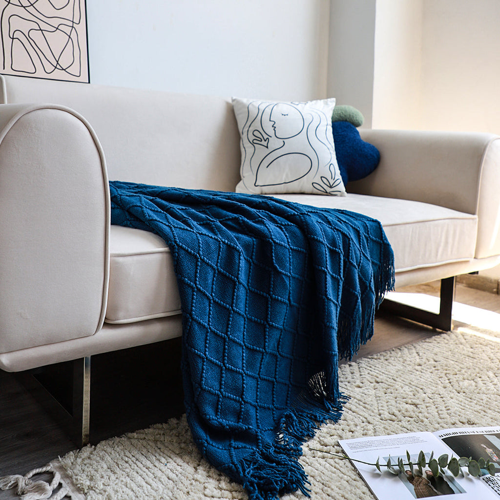 SOGA 2X Diamond Pattern Knitted Throw Blanket – Warm Cozy Woven Cover with Tassels for Couch, Bed, Sofa, Home Decor, Royal Blue