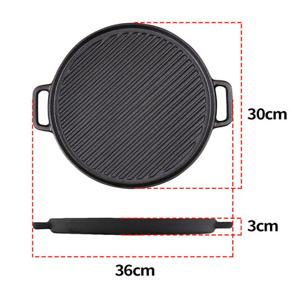 SOGA 30cm Round Cast Iron Ribbed BBQ Pan Skillet Steak Sizzle Platter with Handle