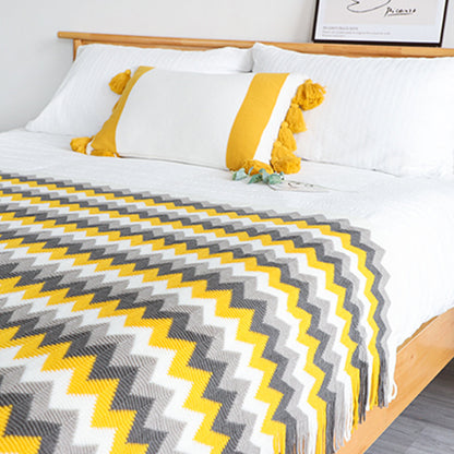 SOGA 2X 170cm Yellow Zigzag Striped Throw Blanket Acrylic Wave Knitted Fringed Woven Cover Couch Bed Sofa Home Decor