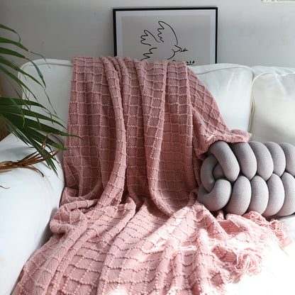 SOGA 2X  Pink Diamond Pattern Knitted Throw Blanket Warm Cozy Woven Cover Couch Bed Sofa Home Decor with Tassels