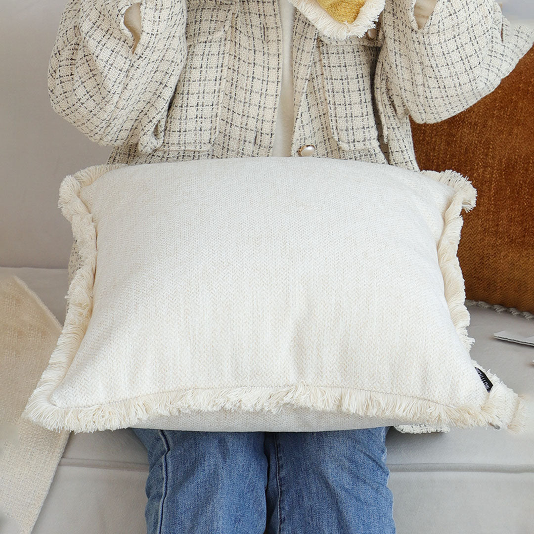 SOGA 42X45 Premium Linen Throw Pillow Cover with Fringe Trim - Cream White