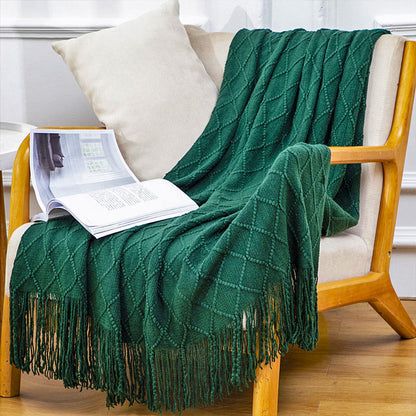 SOGA 2X Green Diamond Pattern Knitted Throw Blanket Warm Cozy Woven Cover Couch Bed Sofa Home Decor with Tassels