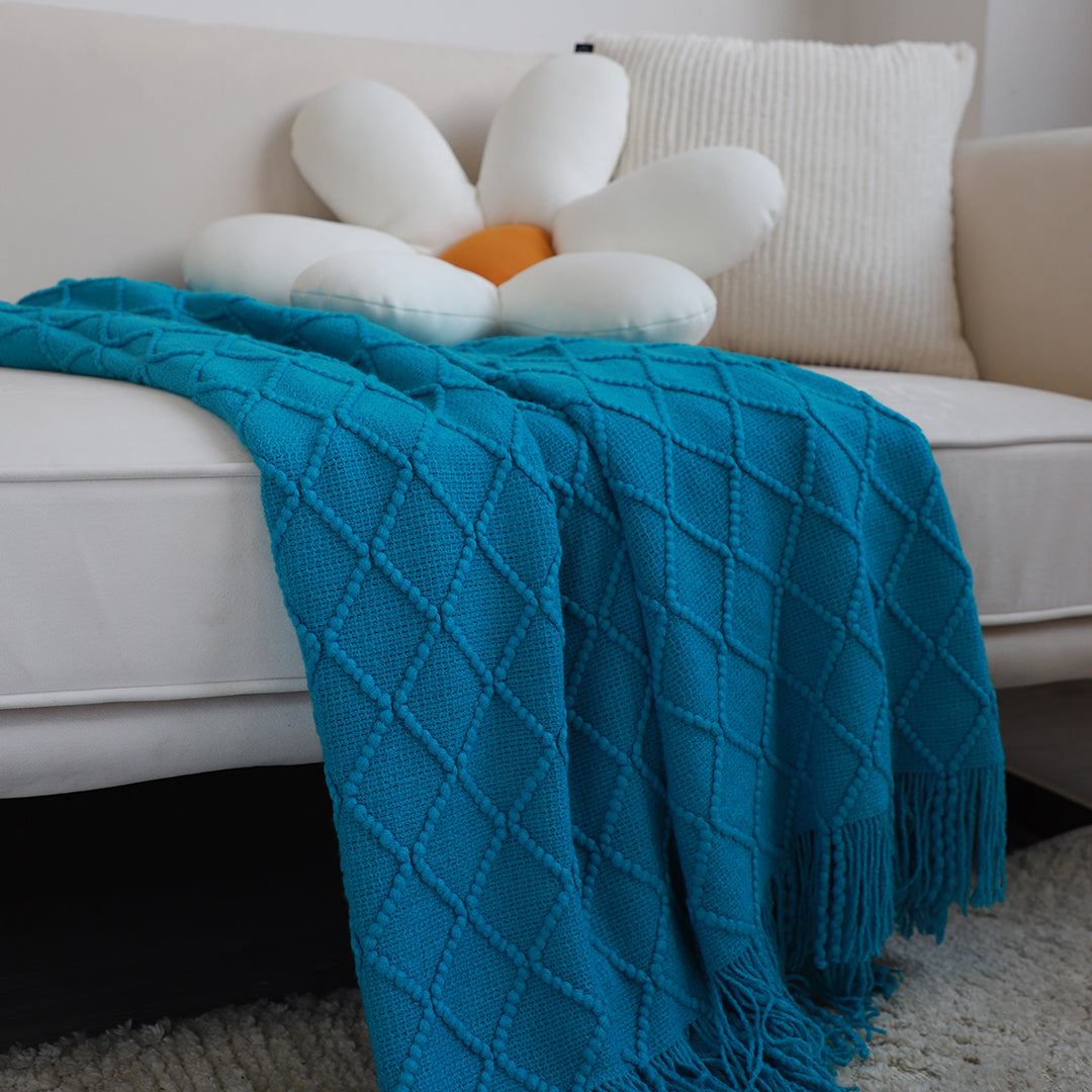 SOGA Blue Diamond Pattern Knitted Throw Blanket Warm Cozy Woven Cover Couch Bed Sofa Home Decor with Tassels