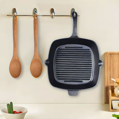 SOGA 2X 26cm Square Ribbed Cast Iron Frying Pan Skillet Steak Sizzle Platter with Handle