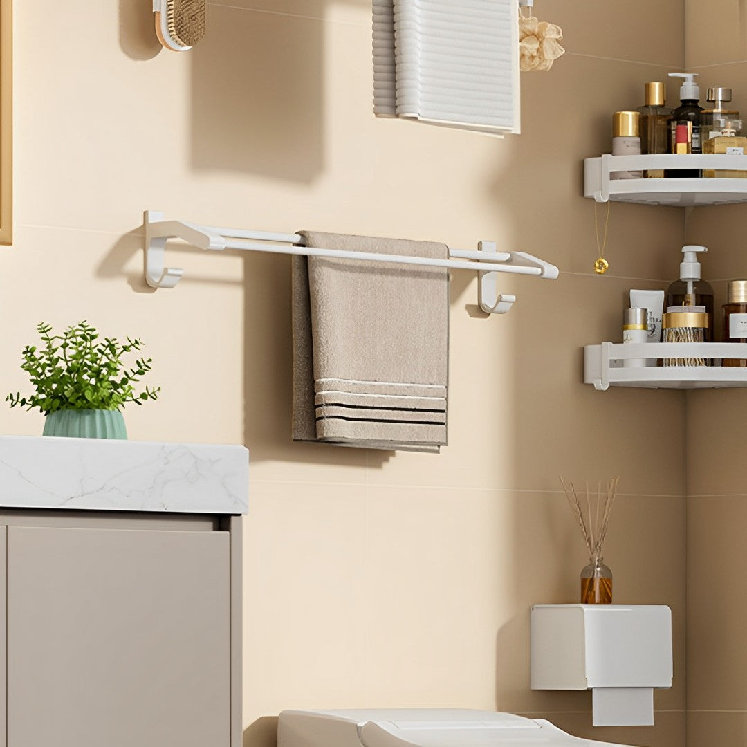 SOGA 62cm White Wall-Mounted Double Pole Towel Holder Bathroom Organiser Rail Hanger with Hooks