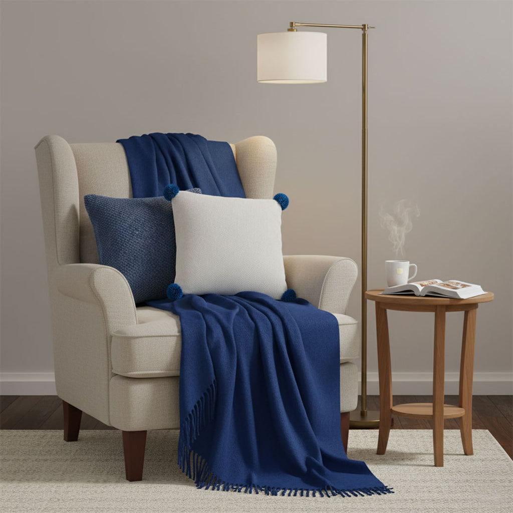 SOGA 3PC Cozy Set – Royal Blue Knit Throw Blanket with Decorative Pillow Covers (Textured Navy & Cream Ribbed Pom-Pom Design)