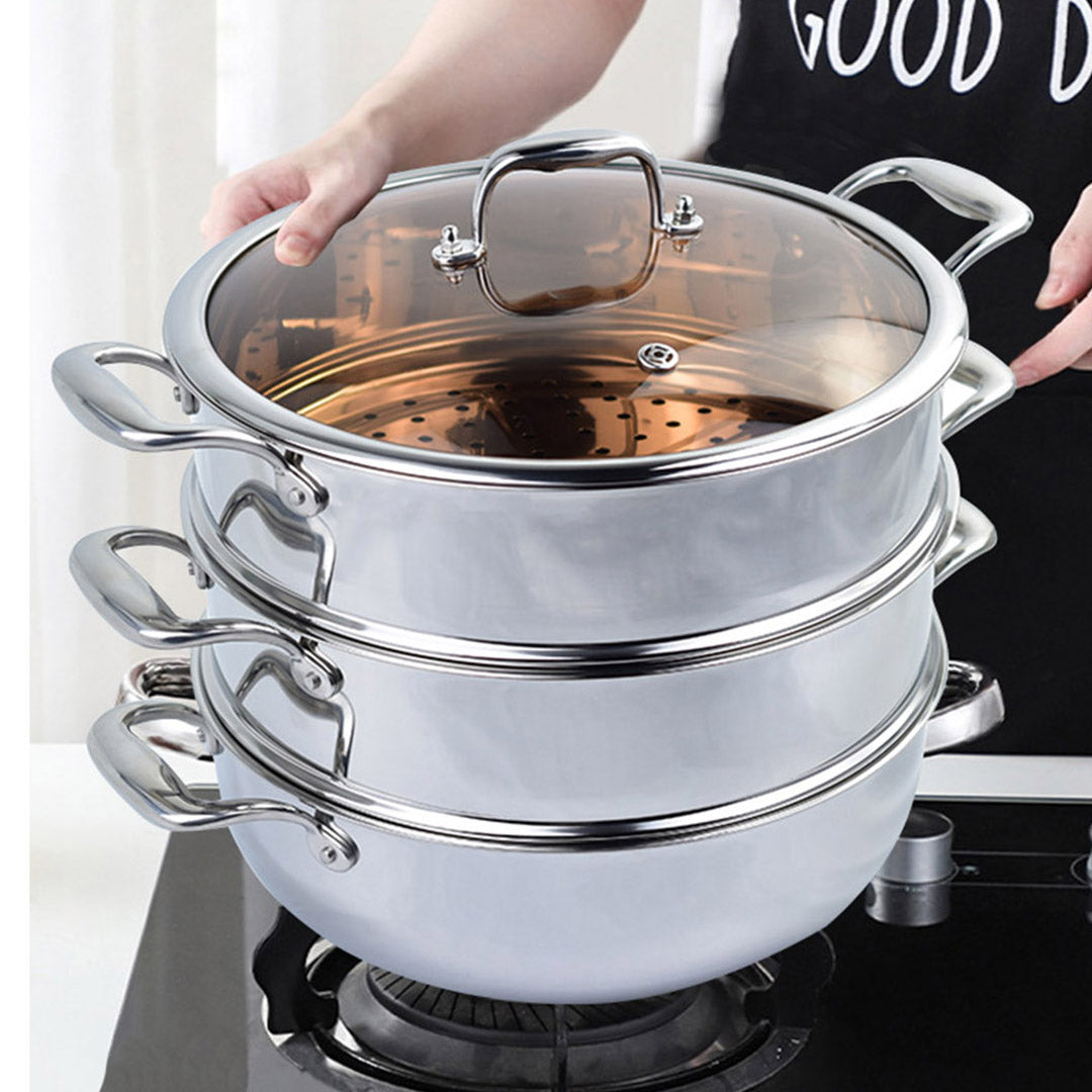 SOGA 2X 3 Tier 30cm Heavy Duty Stainless Steel Food Steamer Vegetable Pot Stackable Pan Insert with Glass Lid