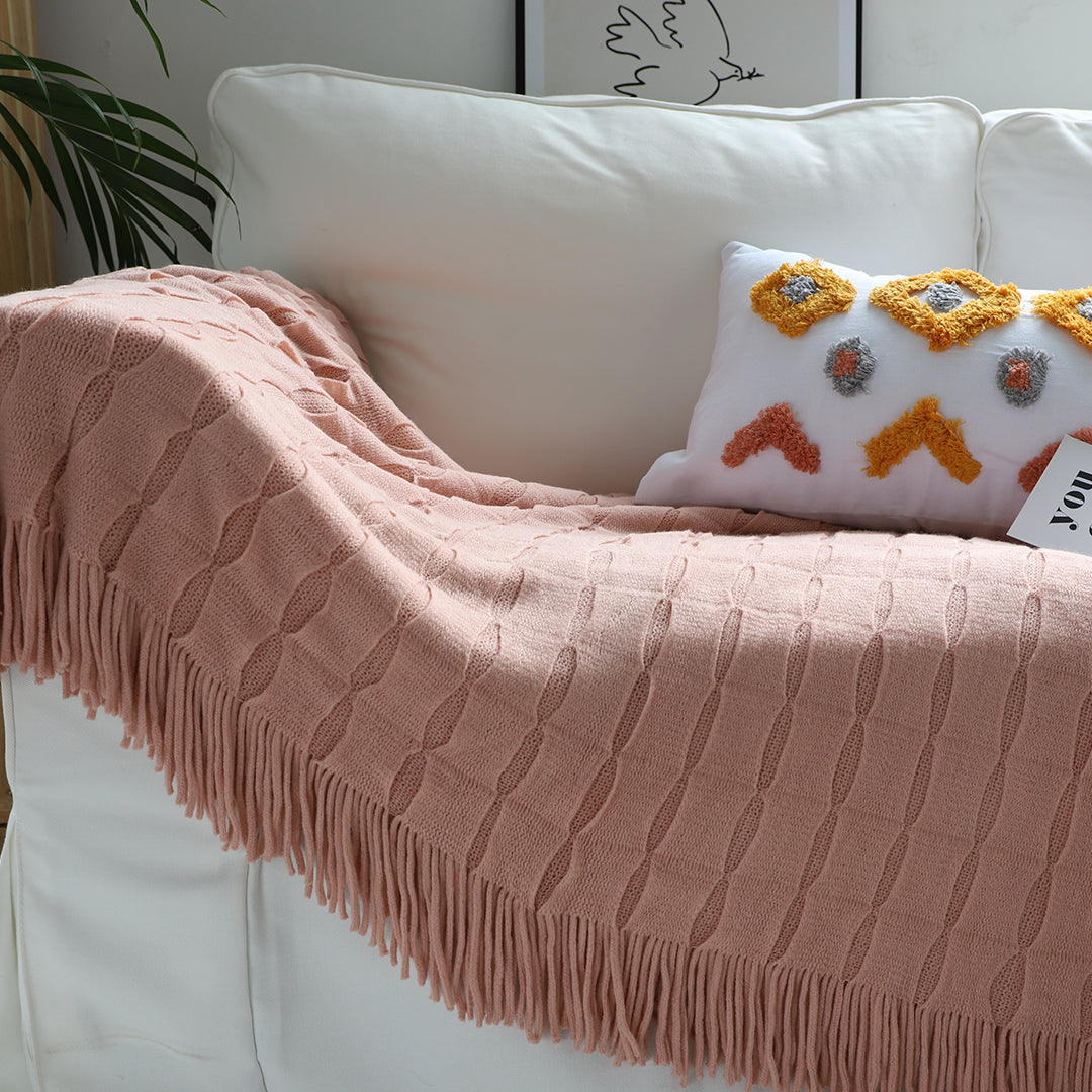 SOGA 2X Pink Textured Knitted Throw Blanket Warm Cozy Woven Cover Couch Bed Sofa Home Decor with Tassels