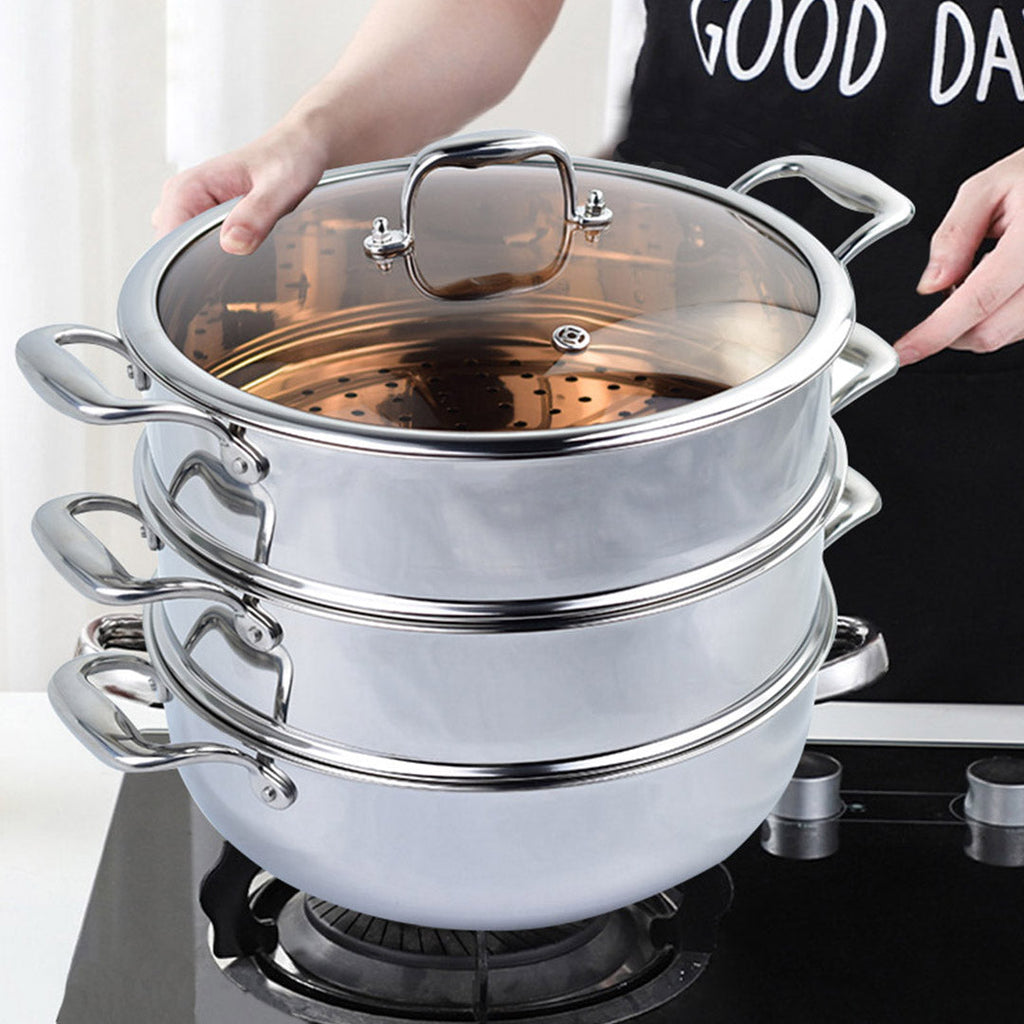 SOGA 3 Tier 30cm Heavy Duty Stainless Steel Food Steamer Vegetable Pot Stackable Pan Insert with Glass Lid