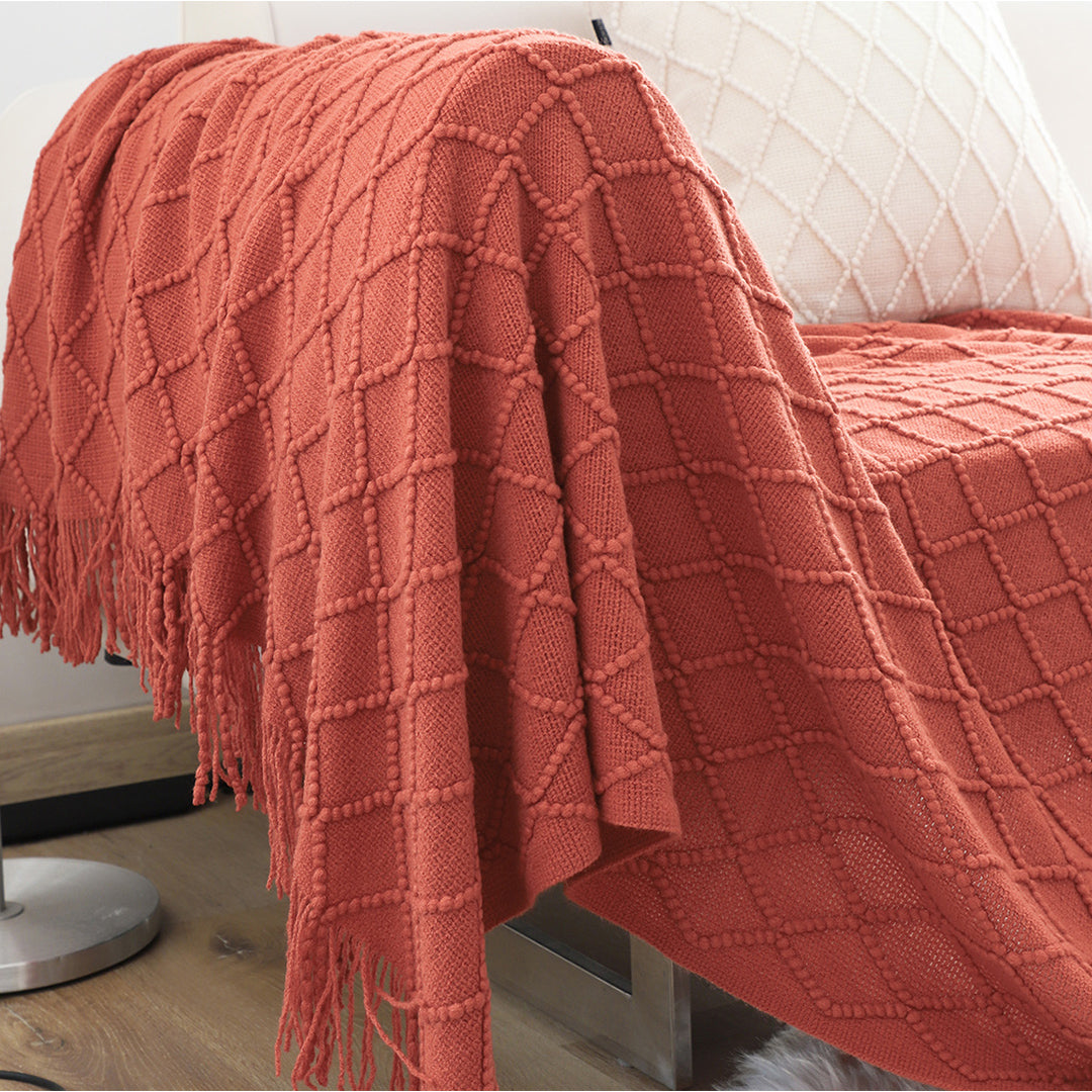 SOGA 2X Red Diamond Pattern Knitted Throw Blanket Warm Cozy Woven Cover Couch Bed Sofa Home Decor with Tassels