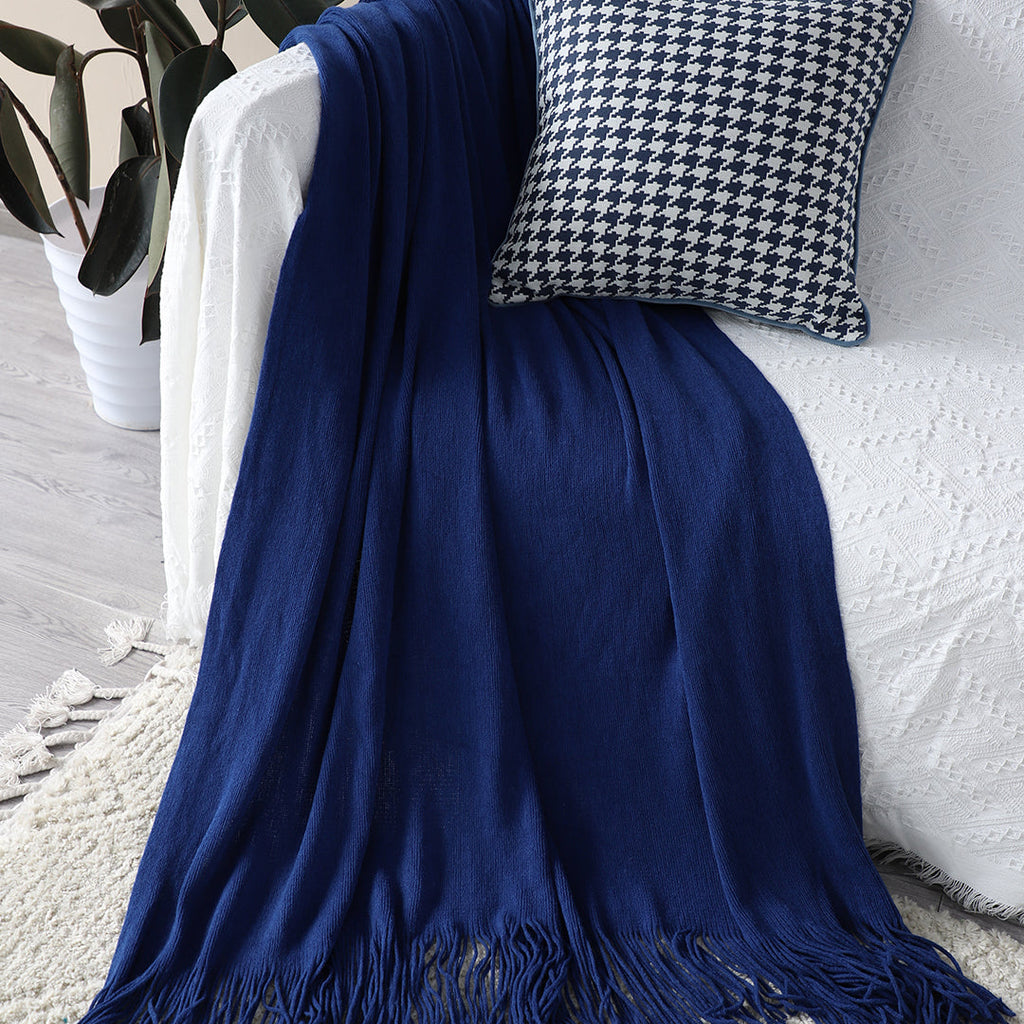SOGA Acrylic Knitted Throw Blanket – Solid Warm Cozy Woven Cover with Fringes for Couch, Bed, Sofa, Home Decor, Royal Blue