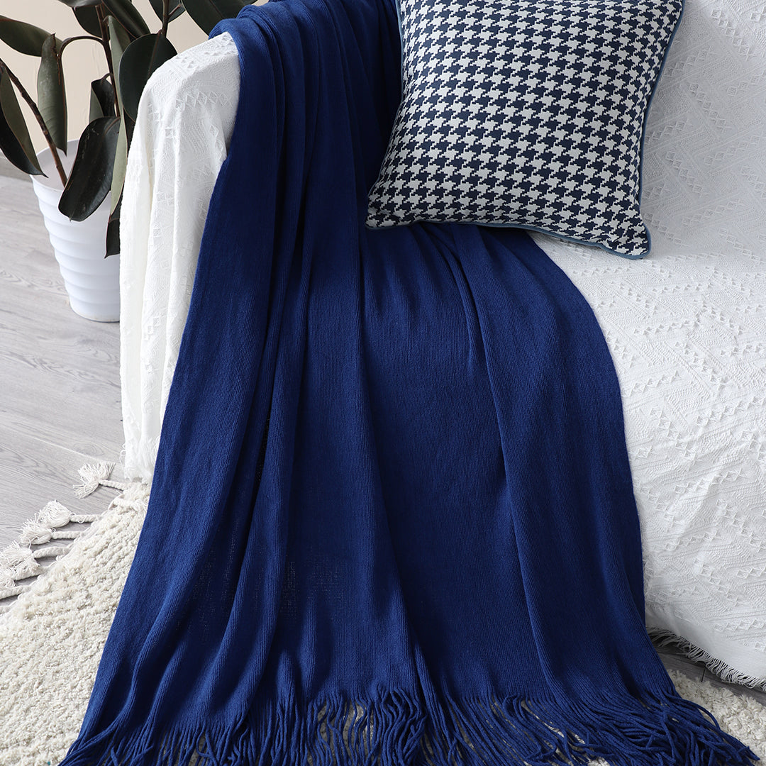 SOGA Acrylic Knitted Throw Blanket – Solid Warm Cozy Woven Cover with Fringes for Couch, Bed, Sofa, Home Decor, Royal Blue