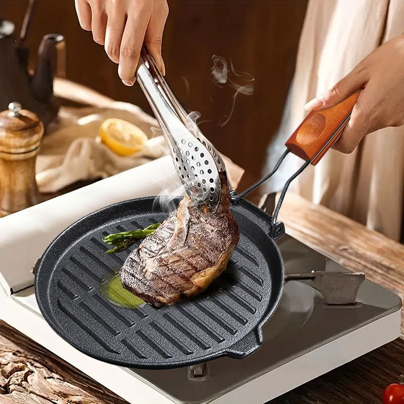 SOGA 2X 24cm Round Ribbed Cast Iron Steak Frying Grill Skillet Pan with Folding Wooden Handle