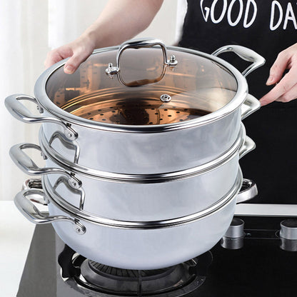 SOGA 3 Tier 26cm Heavy Duty Stainless Steel Food Steamer Vegetable Pot Stackable Pan Insert with Glass Lid