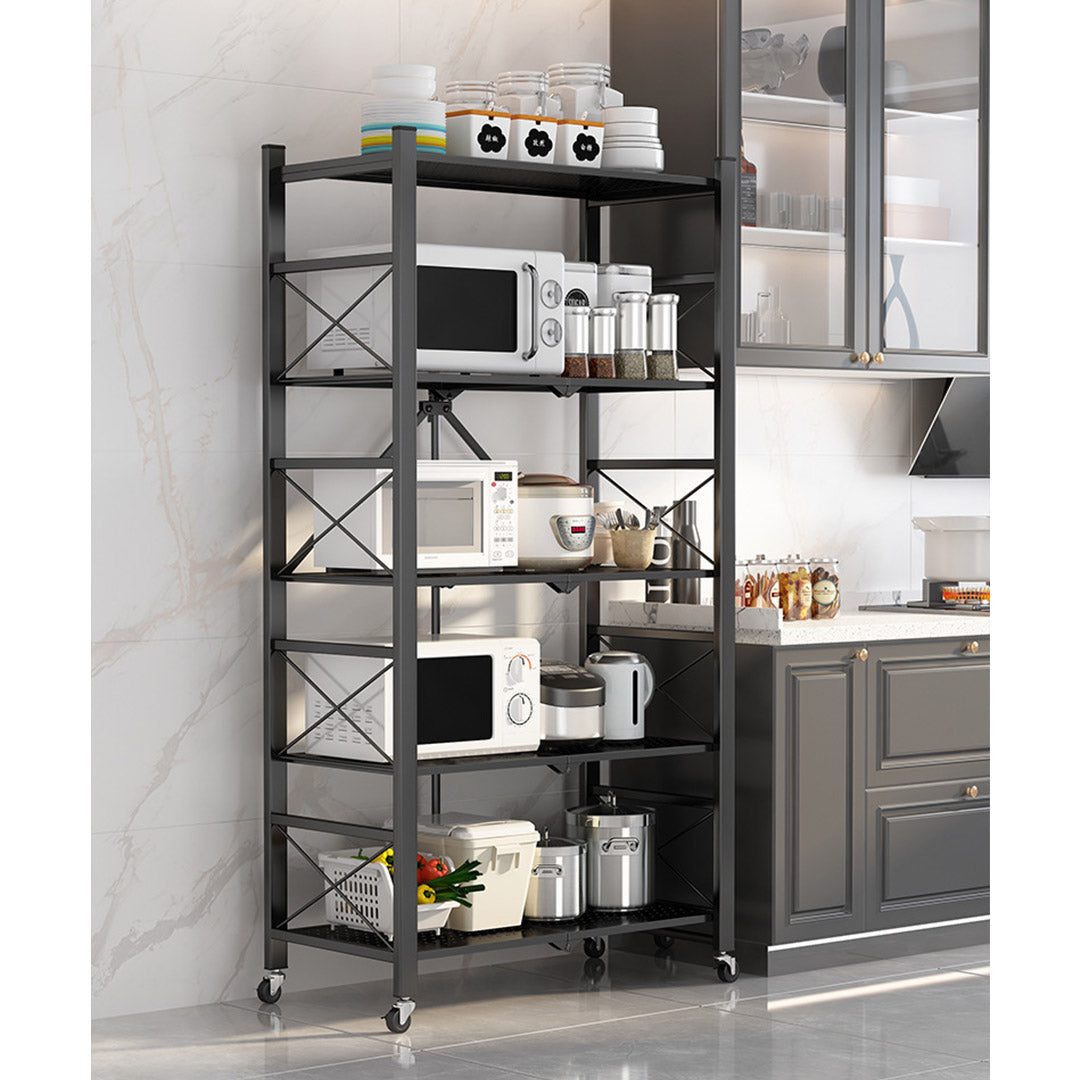 SOGA 5 Tier Steel Black Foldable Display Stand Multi-Functional Shelves Portable Storage Organizer with Wheels