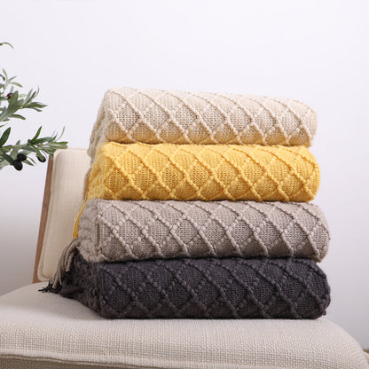 SOGA 2X Coffee Diamond Pattern Knitted Throw Blanket Warm Cozy Woven Cover Couch Bed Sofa Home Decor with Tassels