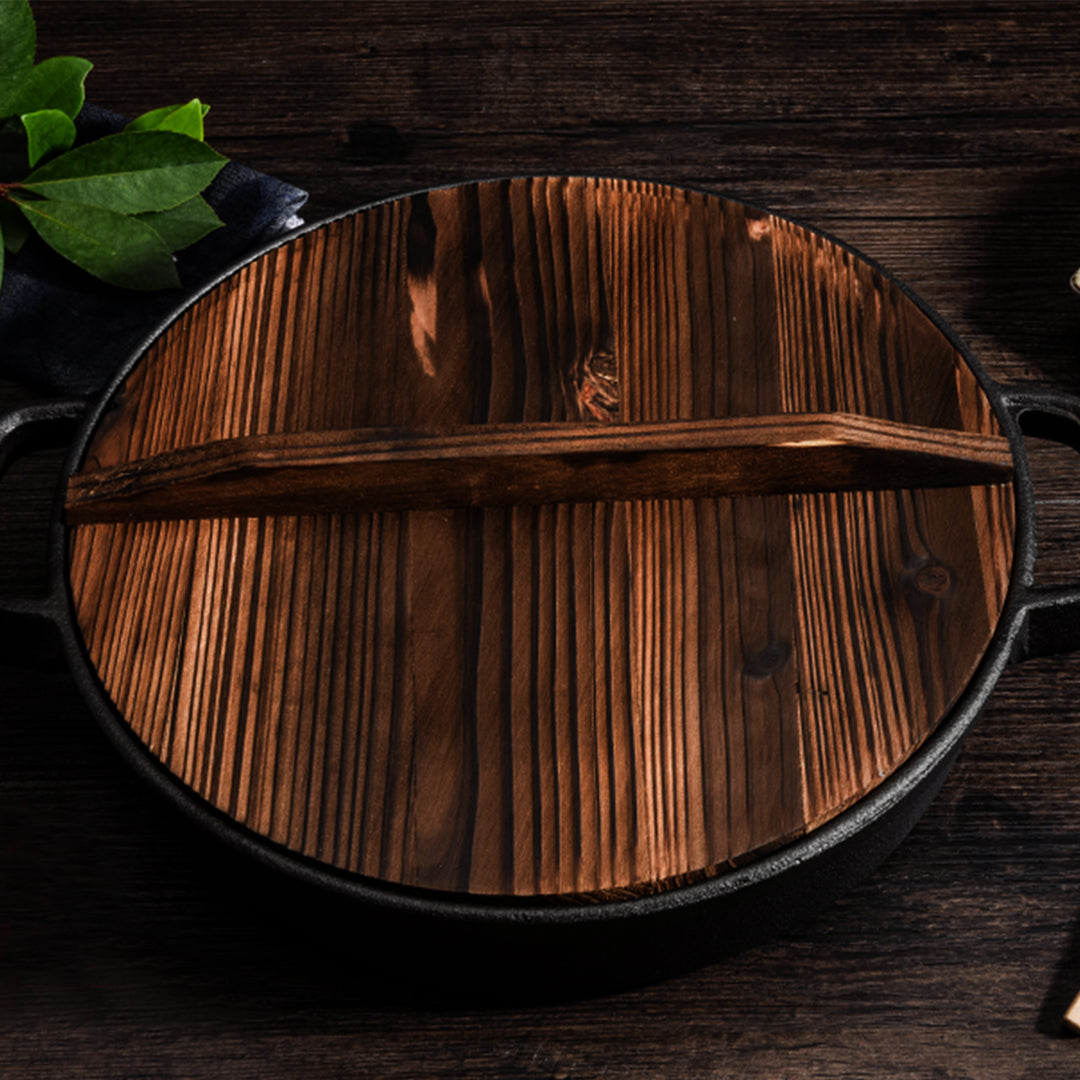 SOGA 2X 35cm Round Cast Iron Pre-seasoned Deep Baking Pizza Frying Pan Skillet with Wooden Lid