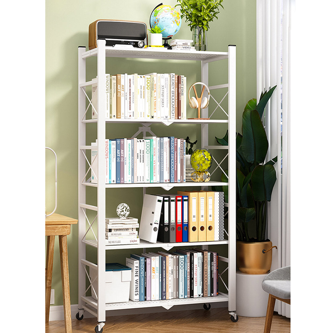 SOGA 5 Tier Steel White Foldable Display Stand Multi-Functional Shelves Portable Storage Organizer with Wheels